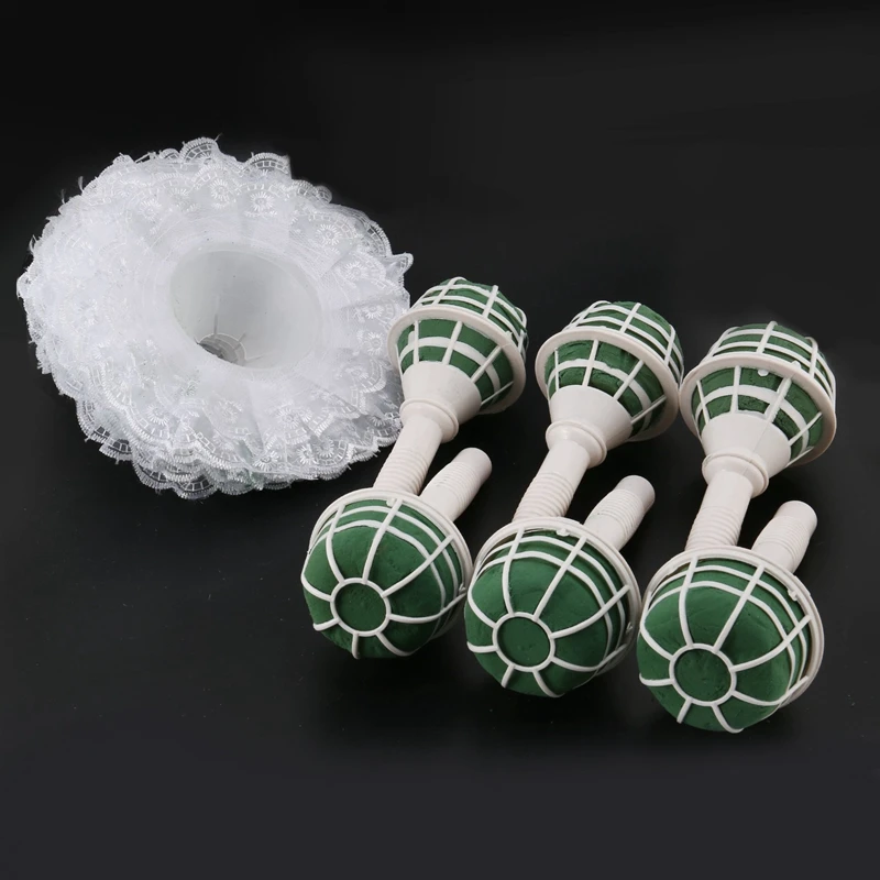 A85Q-6 Wedding Bridal Bouquet Holder Handles With 6 White Lace Collar Flower Holders