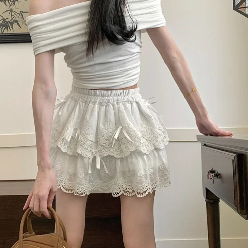 Deeptown Coquette White Lace Short Skirt Ruffle Women Sweet Bow Kawaii Mini Skirts Patchwork Layered A-line Aesthetics Skirt 3