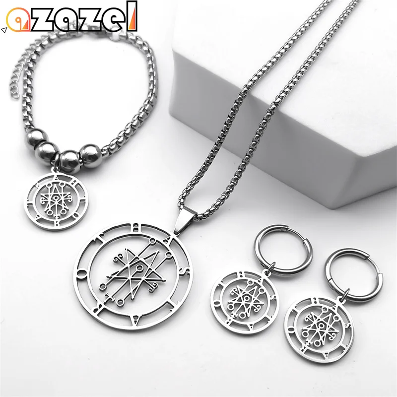 Astaroth Sigil Goetia Edelstahl Schmuckset Herren Solomon Dämon Siegel Satan Sigil Satanique Ohrring Halsketten Armband Geschenke – Detail 12