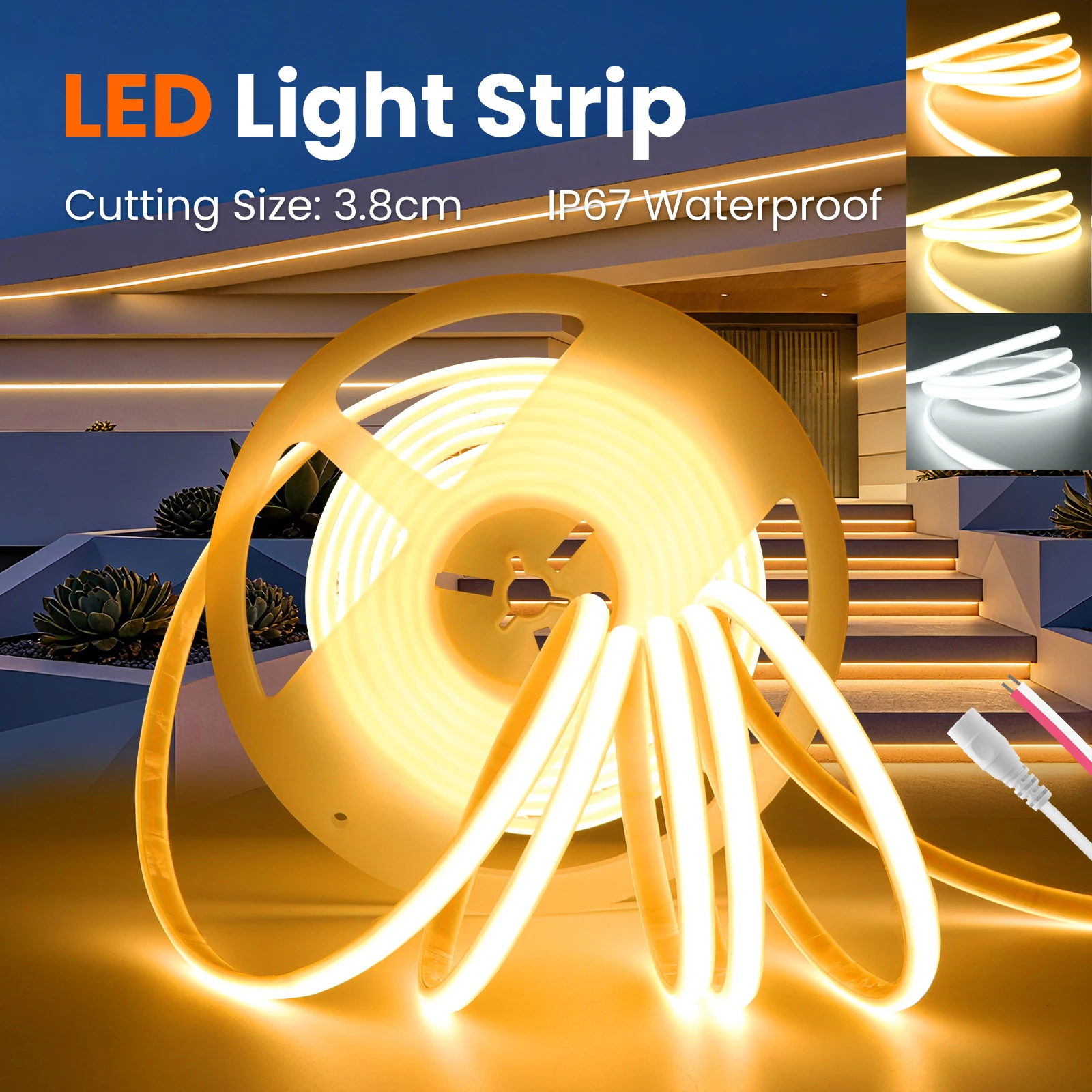 12V 24V COB LED 스트립 320LED 유연한 네온 테이프 라이트 IP67 방수 LED 리본 로프 밀도 라인 조명 접착 테이프 포함