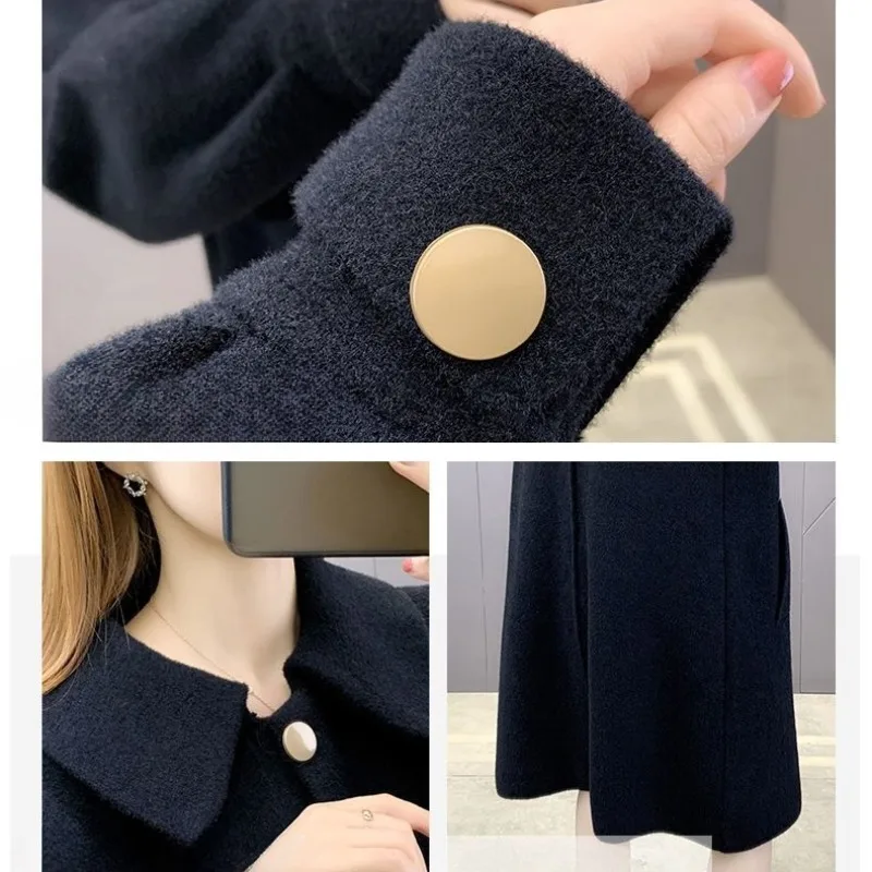 Double-Faced Woolen Coat for Women, Mid-Length Outwear, Loose, Large Size, Female Fashion, Monochromatic, Autumn Winter, 2024