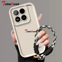 Silicone Lanyard Wrist Strap Case - Solid Color Soft Back Cover for Mi 14 Ultra (Beige)