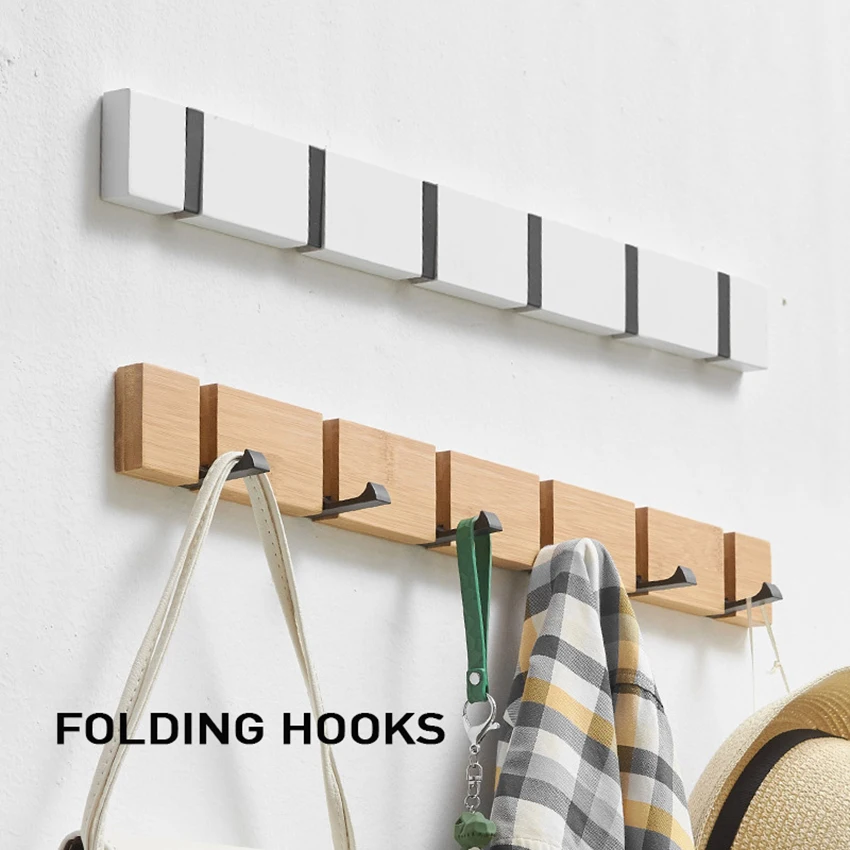 

Folding Wall Hanger Hook Nail Free Installation Wooden Wall Hooks 3-5Hook Coat Clothes Holder Rack Bathroom Kitchen Accessories