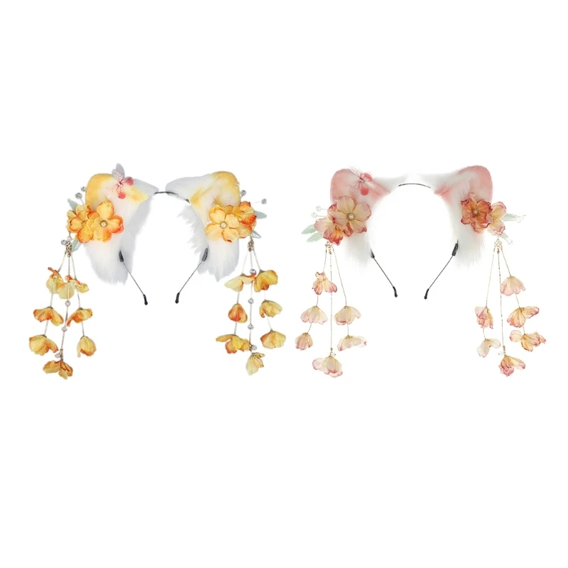 

Furry Cats Ears Headband Foxes Ears with Flowers Tassel Plush Animal Ears Headdress Accessory Cosplays Celebration