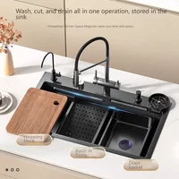 Stainless Steel Kitchen Sink with Waterfall Washbasin Embossed Large Single Slot Household Undermount Basin Dishwasing Sinks 2