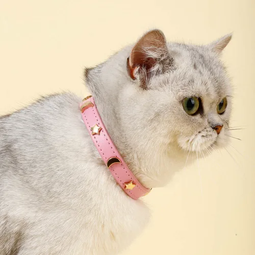귀여운 고양이 목걸이, 부드러운 가죽 애완 동물 목걸이, 작은 강아지 새끼 고양이 강아지 목걸이, 고양이 액세서리, 별 달 리벳 장식 XS-M 5