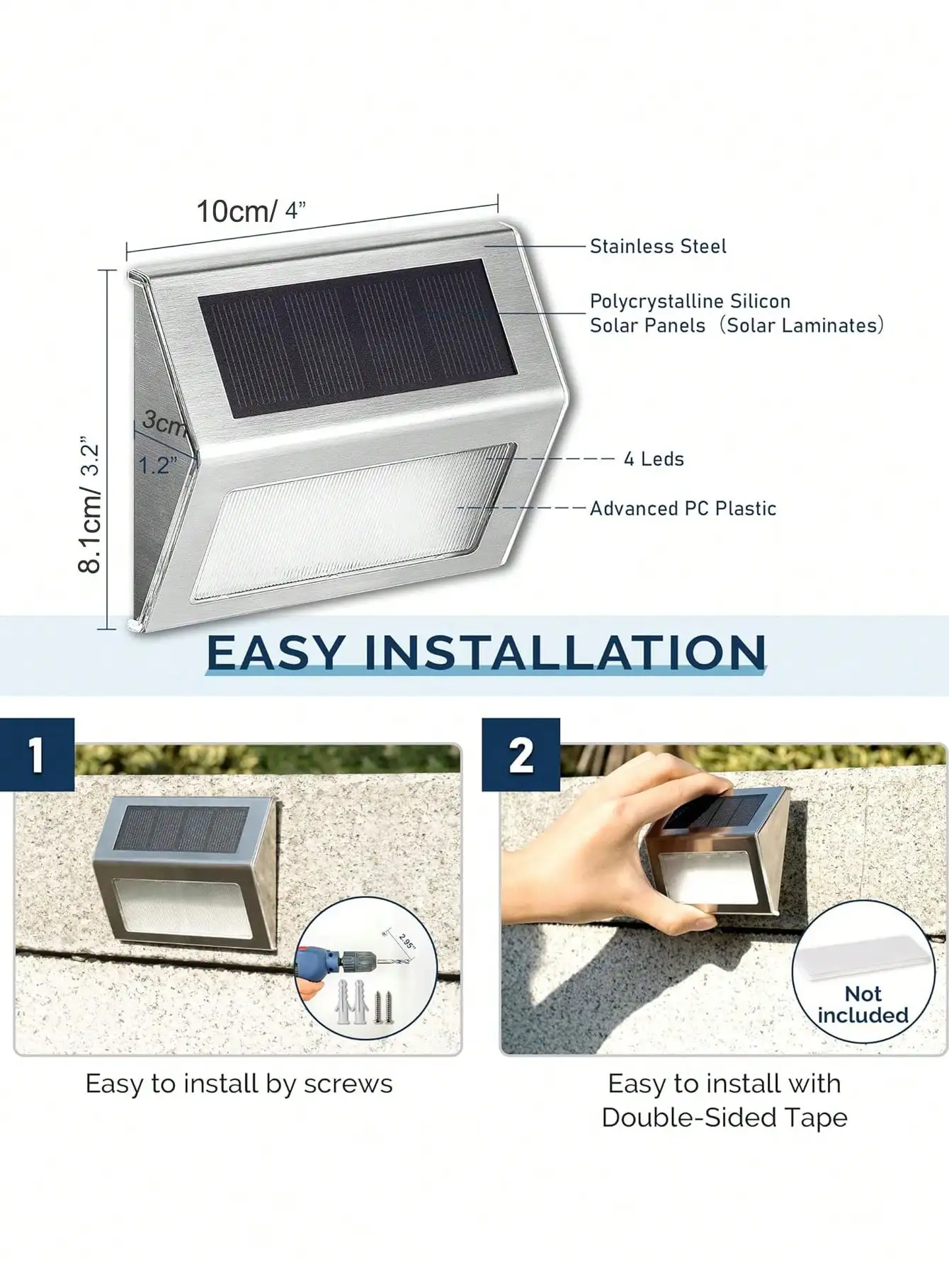 Description Picture 5 of itemUpgraded Solar Panel Solar Fence Lamp Stainless Steel Stair Garden Step LED Light