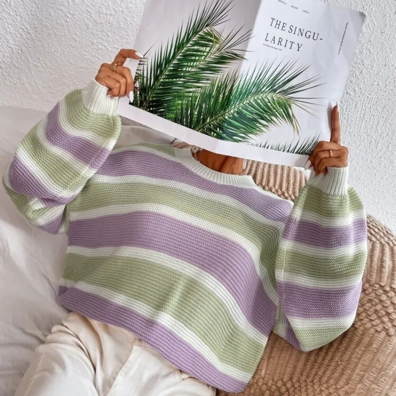 

Autumn Elegant Wool Sweater Women Casual Contrast Striped Round Collar Long Sleeve Pullover Women Winter Warm Lady Sweater 28486