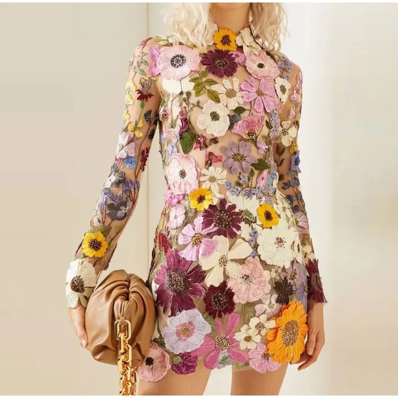 

Floral Embroidery Long Sleeve Dresses 2023 Spring Evening Party Lady Vestido Elegant Luxury Women Mini Dress Half High Collar