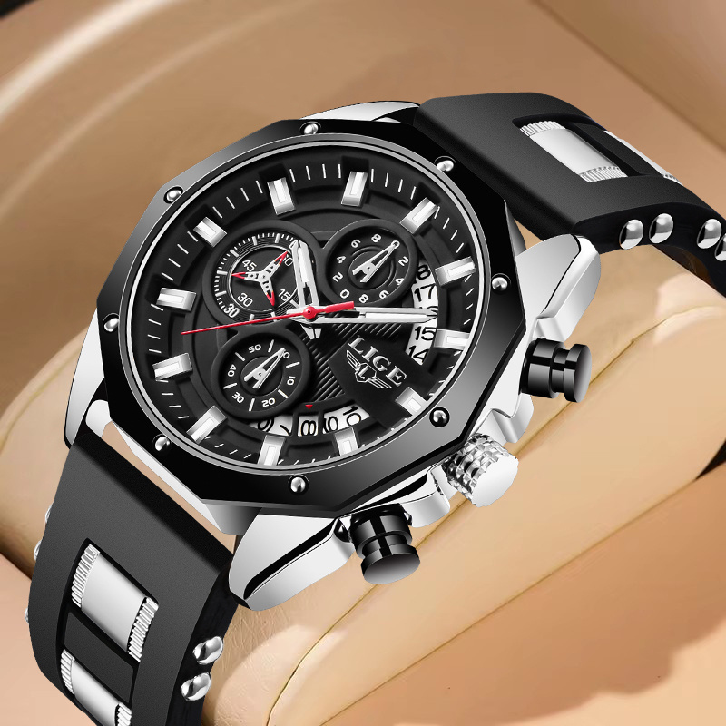 LIGE Fashion Luxury Quartz Man Watch Silicone Strap Casual Sport Waterproof Watches for Men Chronograph Auto Date Military Clock