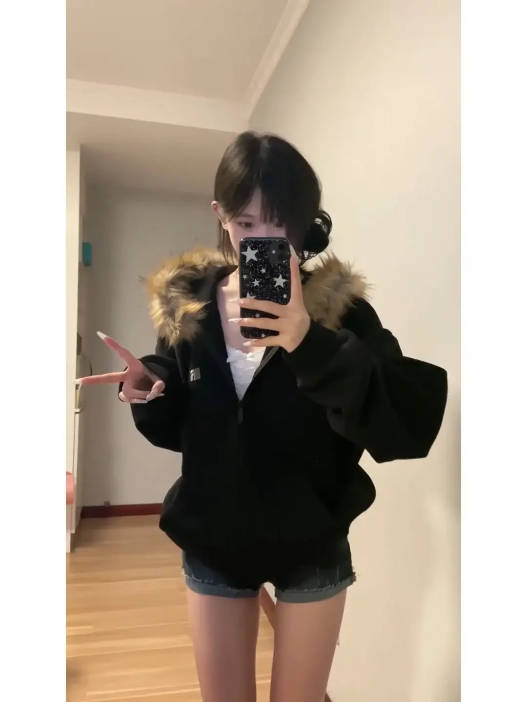 Description Picture 3 of itemY2k Women Black Zip Up Hoodies Vintage Korean Preppy Style Faux Fur Coat Oversized Casual Sweatshirt Harajuku Autumn Winter