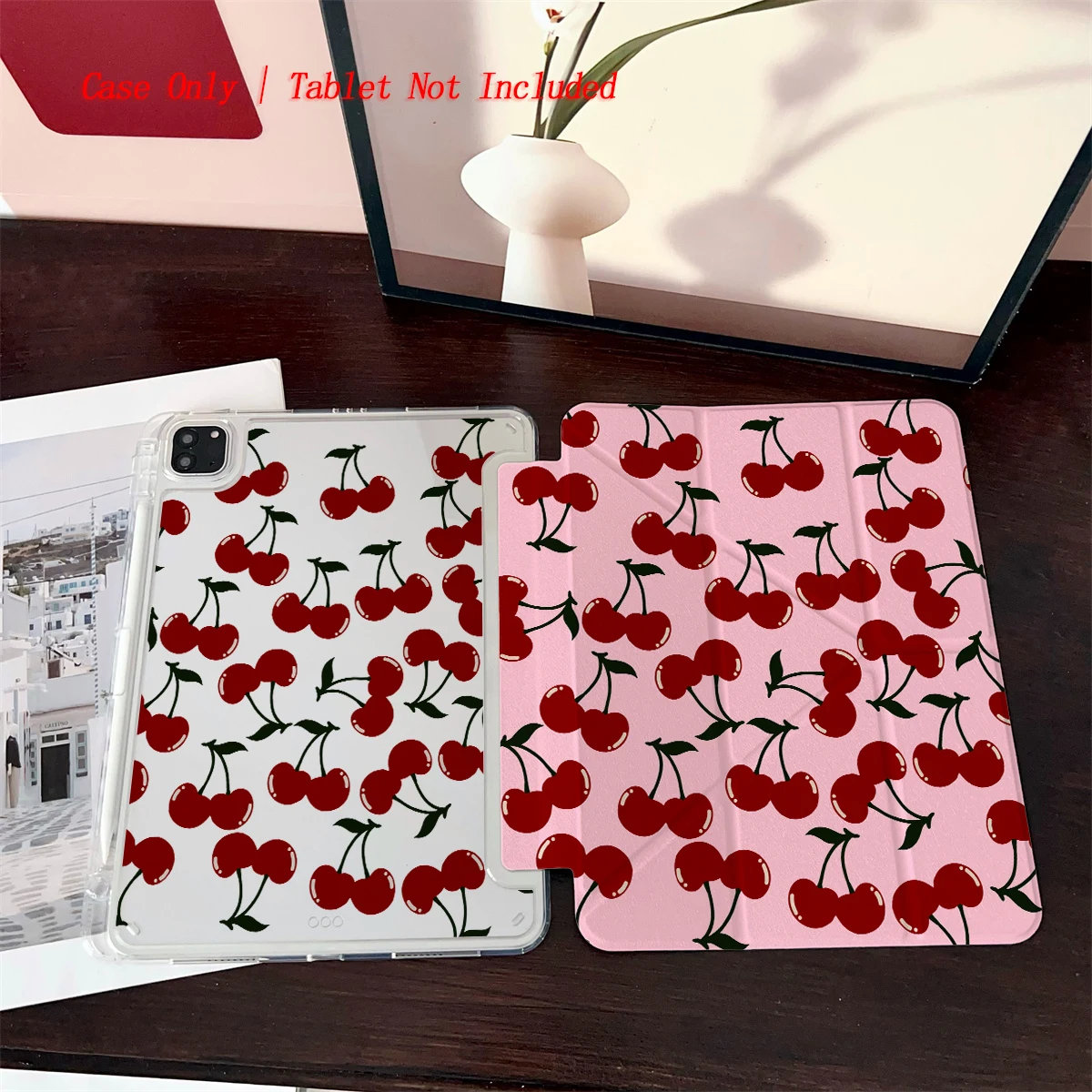 Elegant Crimson Cherry Pattern Shockproof Tablet Case with Hand Strap
