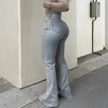 Jean délavé taille haute pour femme, pantalon évasé élastique, décontracté, en Denim, tendance, Streetwear, printemps été