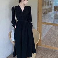 plus Size Vintage Hepburn Sle V-Ne Waist-Cinched Slimming Autumn New Arrival Women's Dr Korean Commute Sle Long Sve - Image 2