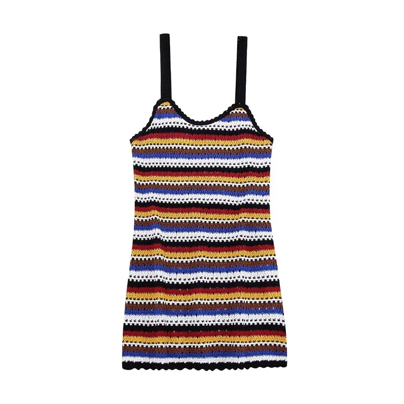 

2023 Summer New Sexy Backless Hollow Crochet Stripes Contrast Color Sling Dress V-Neck Slim Fashion Miniskirt