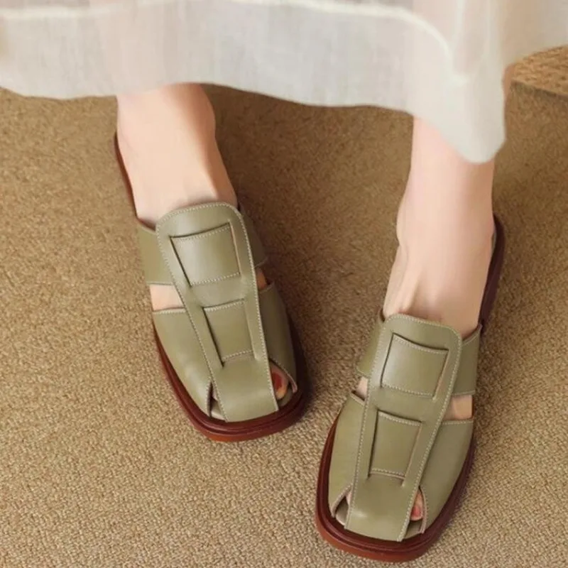 

Summer Outwear Wrapped Half Slippers Low Heel Muller Shoes French Vintage Woven Soft Leather Sandals Versatile Hollow outSandals