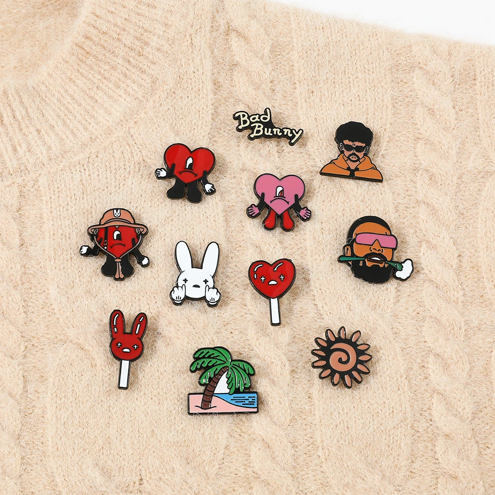 

Cute Bad Bunny Brooch Cosplay Singer Bad Rabbit Red Heart Badge Enamel Brooch Clothing Backpack Pin Decoration Accessories Gifts