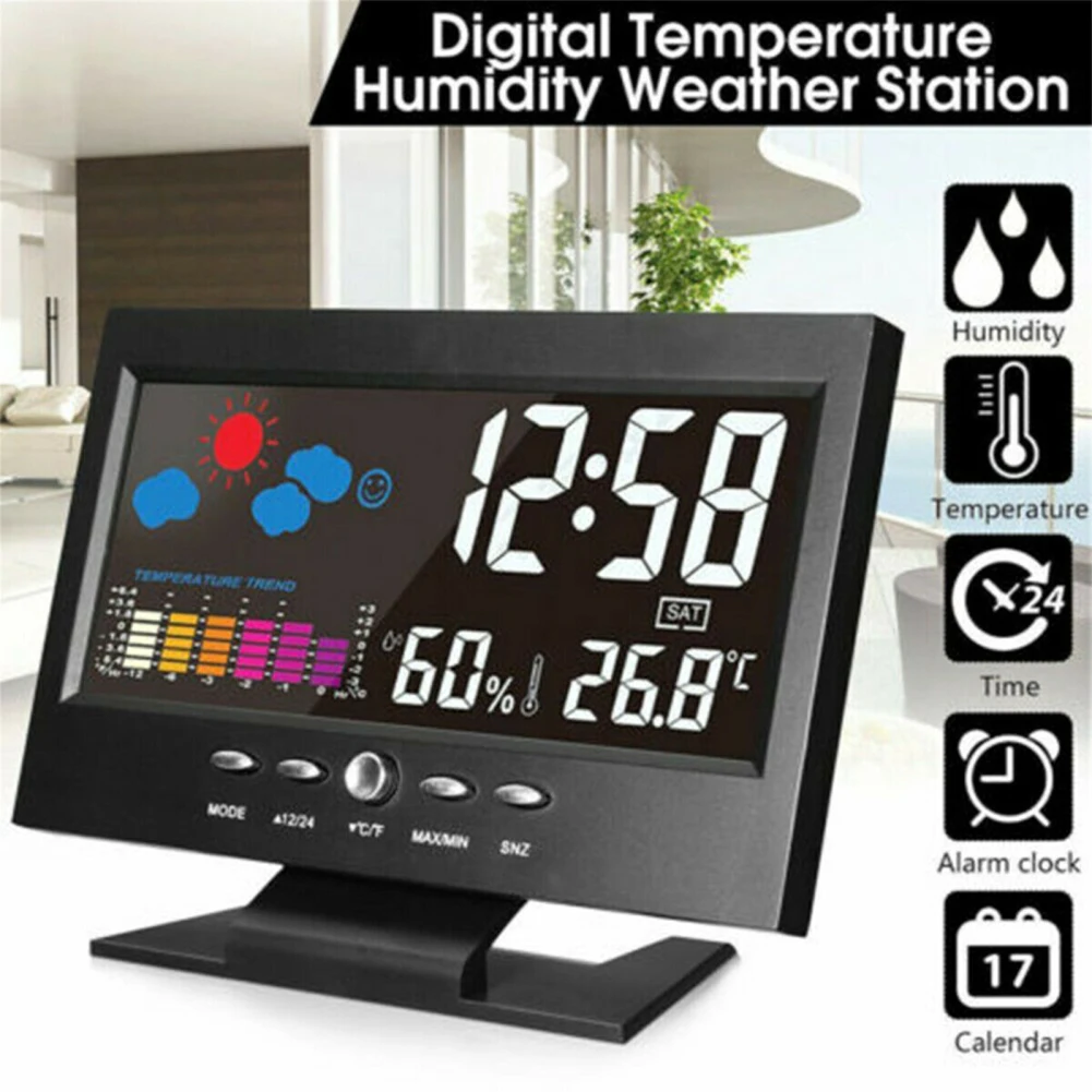 5-in-1 Led Digital Alarm Clock Calendar Weather Display Thermometer Humidity Monitor With Snooze Functions