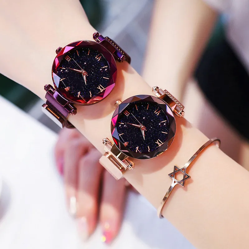 Womens Quartz Watch Fashion Starry Sky Magnet Buckle Mesh Belt Diamond