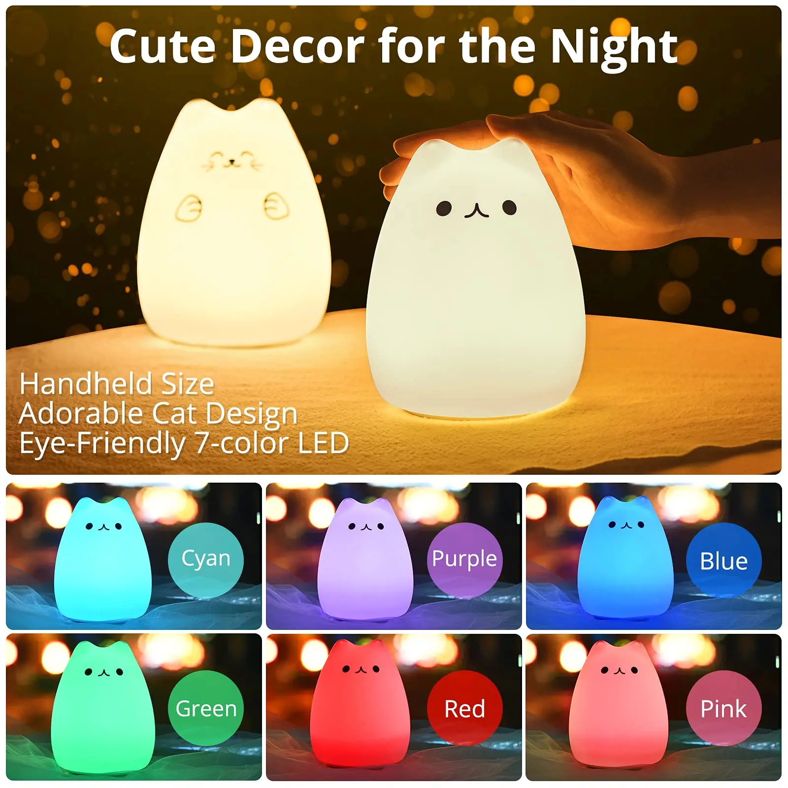 Cat Lamp Cute Night Light Gifts for Women Teen Girls Baby Night Lights for  Kids Bedroom Silicone Nightlight for Children Toddler - AliExpress, image size:1600x1600