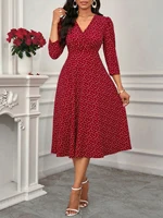 Women's Burgundy White Polka Dot Midi Dress V-Neck 3/4 Sleeves A-Line Spring Summer Elegant Vintage Daily Party Dress