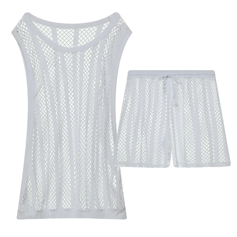 

2PCS/Sets Sexy Men Mesh Sleeveless Undershirts Long Boxer Shorts Fishnet T-shirts Tank Tops Casual Shorts See Through Homewear