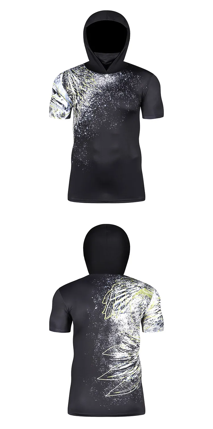Sommer schnell trocknendes Herren-T-Shirt mit Kapuze, trendiger Totenkopf-Maske, bedruckter Kapuzenpullover, kurzärmeliger Kapuzenpullover, lässig, Sport, Fitness – Detail 14