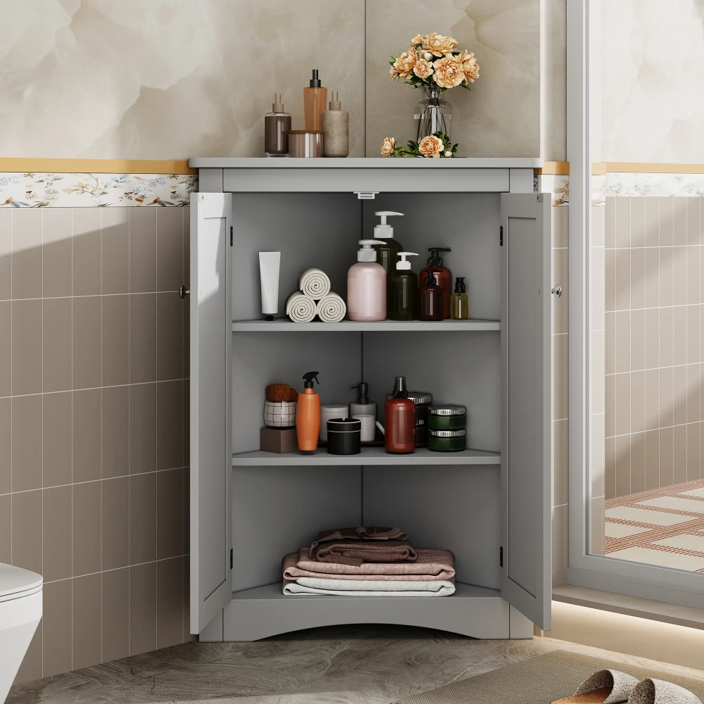 61,5 x 90 cm moderner Eckschrank für Badezimmer – freistehender 2-türiger dreieckiger Schrank mit 3 Ebenen, platzsparend für Badezimmer – Detail 31