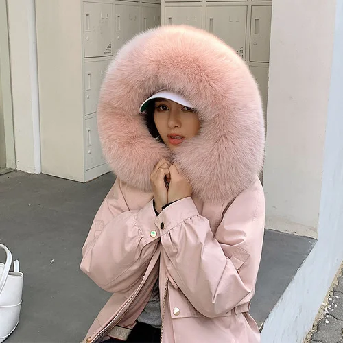 

2023 Hoded Big Fox Collar Parka Women Winter Warm Thick Real Rex Rabbit Fur Liner Jacket Female Abrigo Mujer Gxy1059