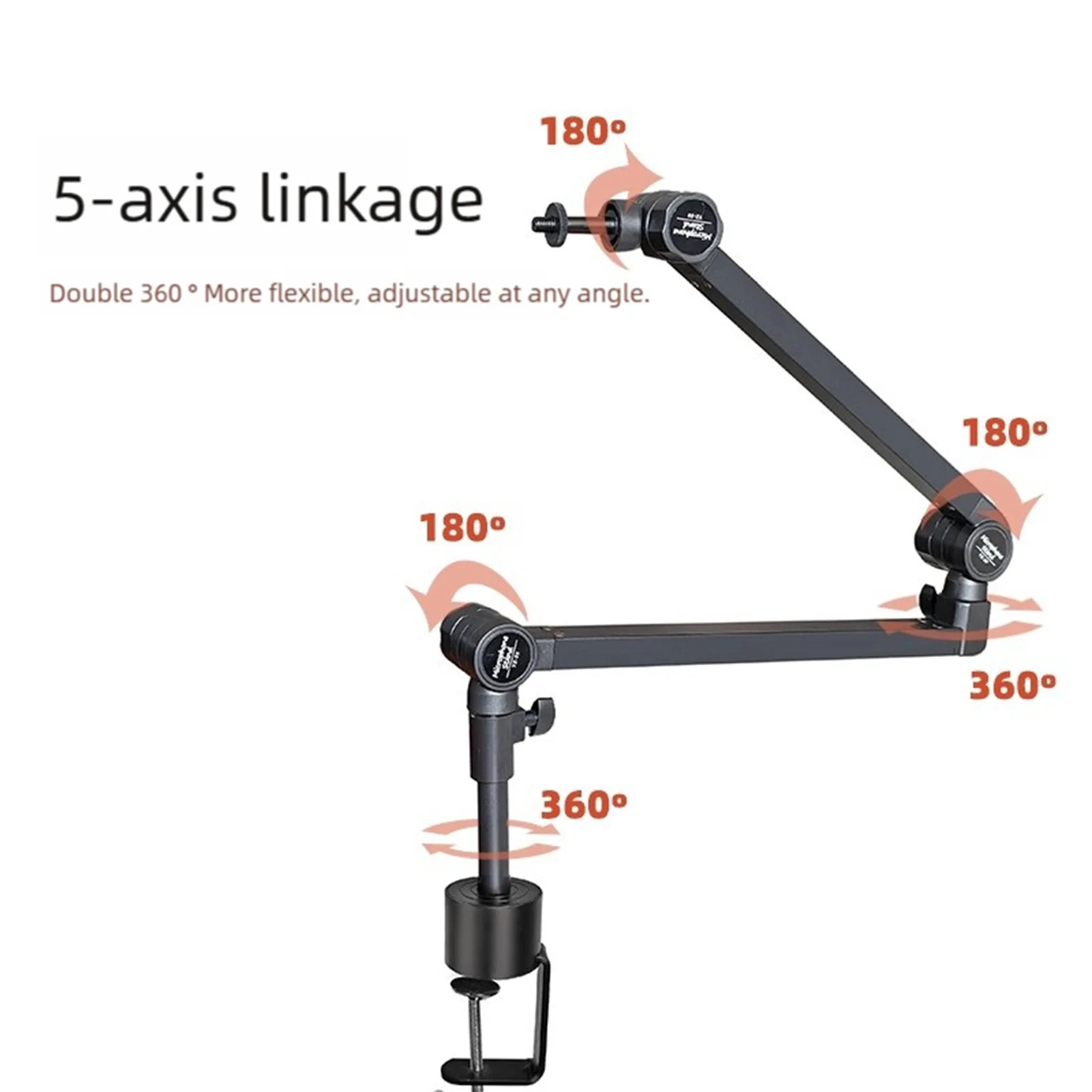 마이크 암 스탠드 데스크 마운트 5축 회전 서스펜션 360도 °   마이크폰용 회전 클램프, 1.5kg 하중 용량, 미끄럼 방지