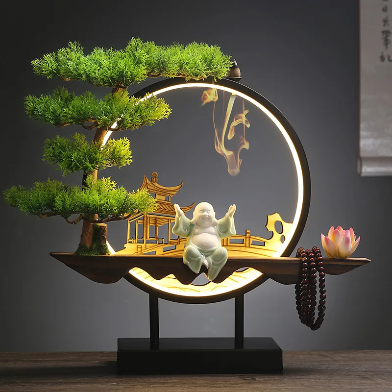 

Zen Incense Burner Waterfall Maitreya LED Light Ring Living Room Desk Home Decoration Ceramic Artifact Gift