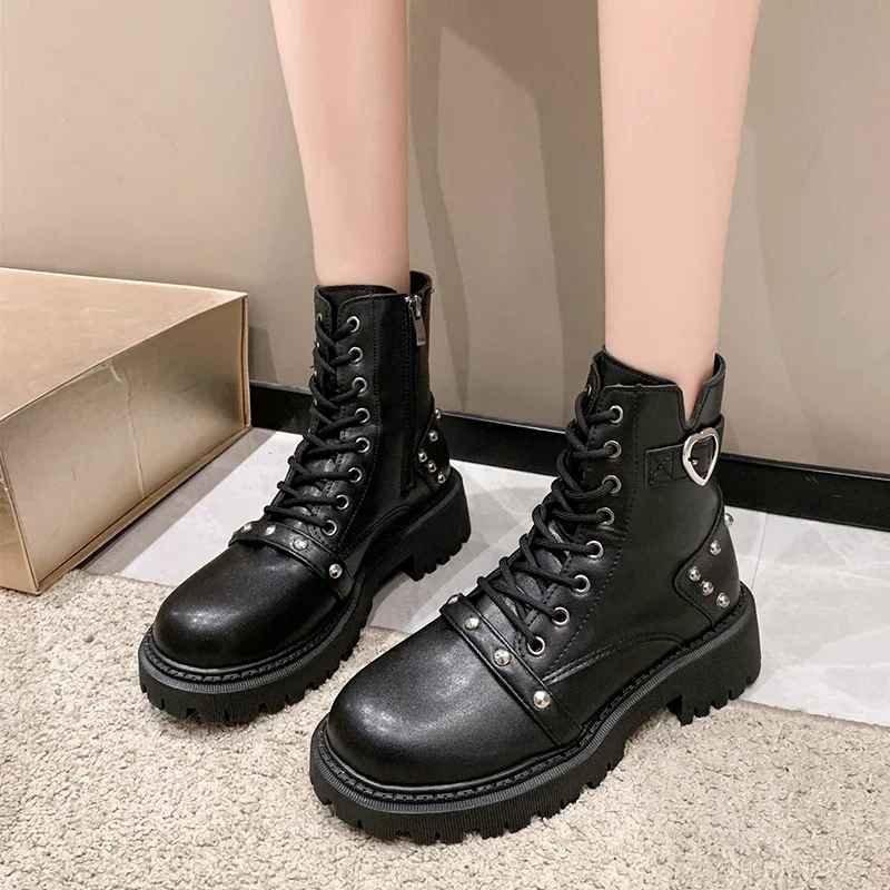 

Женские ботинки на шнуровке, офисные ботильоны с молнией сбоку и круглым носком, 2023