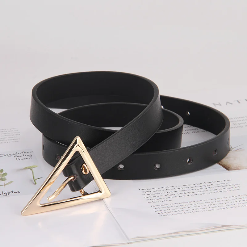 Women Thin Belt Simple Triangle Metal Buckle PU Leather Waistband for Lady Dress Jeans Decorative Skinny Waist Straps Girdle