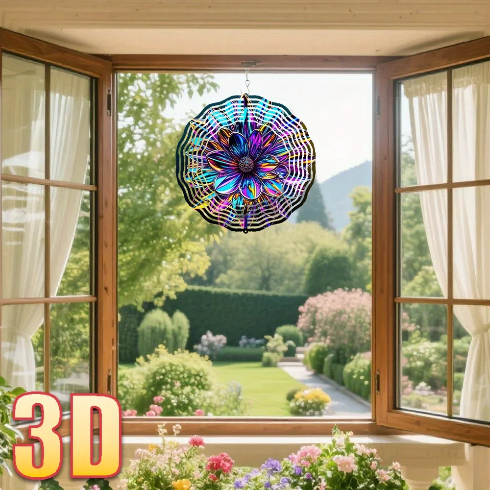 정원용 3D 금속 꽃 모양 바람개비, 10인치 무지개색 야외 바람개비(회전 고리 포함), 360도 회전 ° 창의적인 바람개비