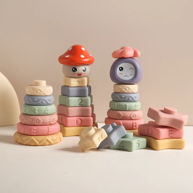1set Silicone Building Block Toys Silicone Ring Star Bpa Free Cartoon Flower Mushroom Child Game Montessori Toy Stacking Blocks 1