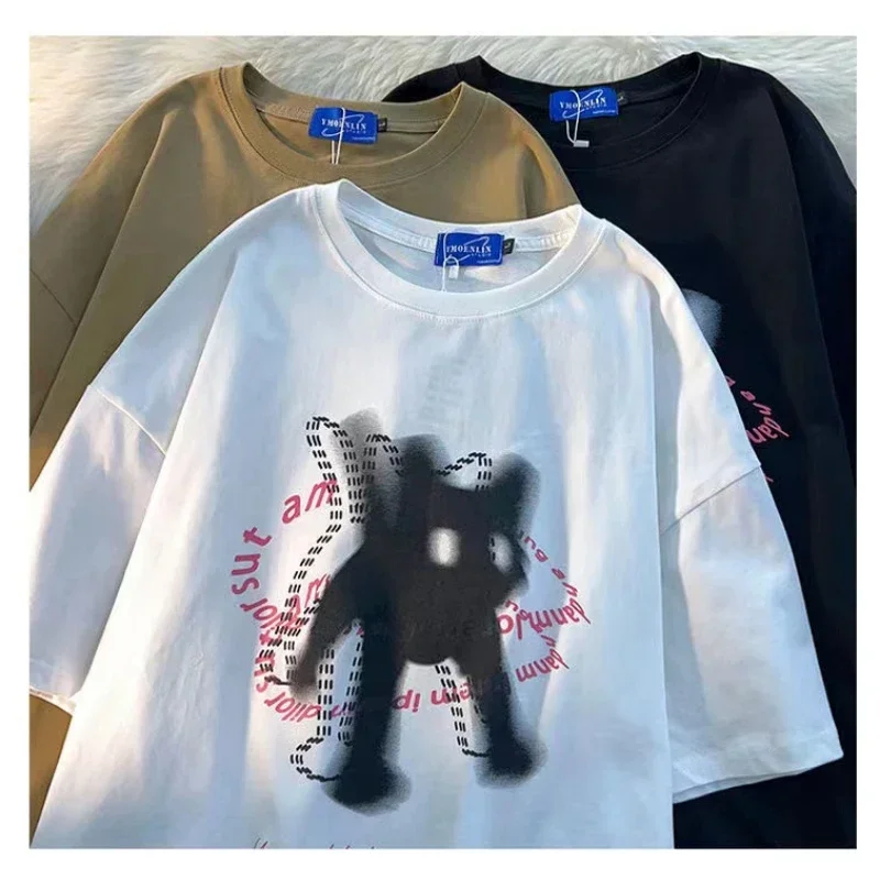 Cute Cat Print Design O-neck Short-sleeved T-shirt Women Ins Fashion Trend Couple Versatile Loose Y2k Top Women T-shirt 3