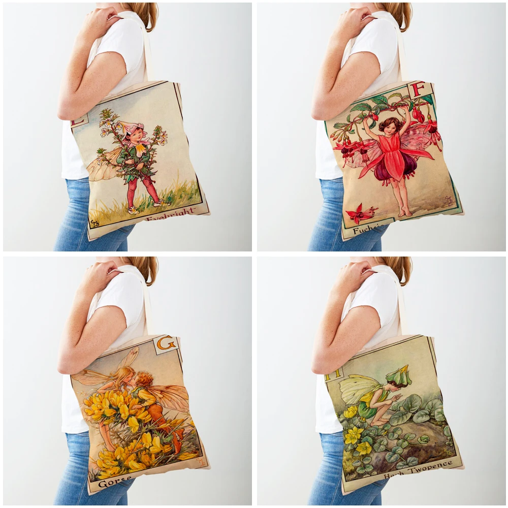 Vintage Floral Cartoon Kid Tote Handbag for Girl Casual Canvas Women Shopping Shoulder Bag Flower Elf Fairy Tale Children