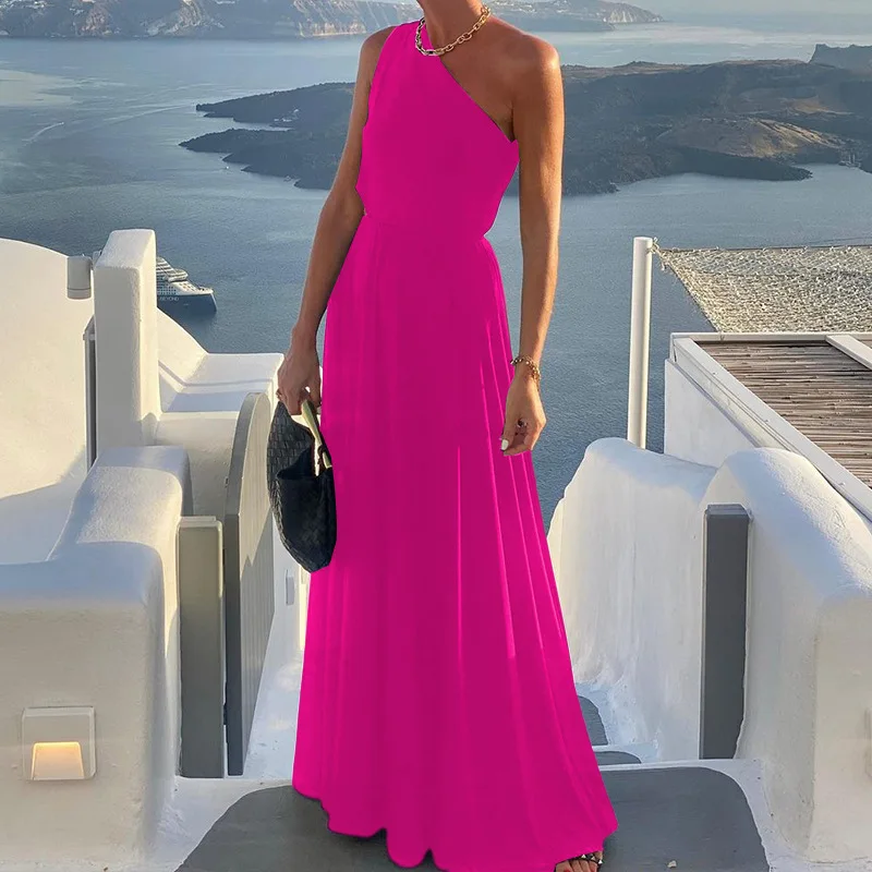 

Women Sexy Skew Collar A-Line Bohemian Dress Spring One Shoulder Solid Long Party Dress Summer Sleeveless Backless Maxi Dresses