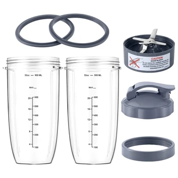 립 링 고무 가스켓이있는 2024 새로운 32OZ 컵 Nutribullet 블렌더 컵 900W 믹서에 맞는 Stay-Fresh 뚜껑 교체 컵 세트