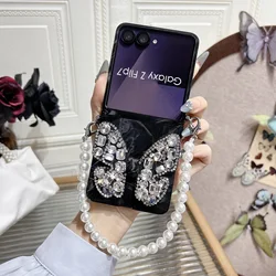 Luxury Glitter Phone Case with Bling Butterfly & Diamond Wrist Strap Cover - Galaxy Z Flip5 (Black)
