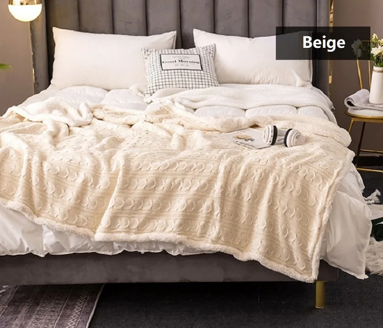 Nordic Künstliche Lamm Gestrickte Decke für Winter Warme Gemütliche Zopfmuster Faden Decken Für Bett Sofa Abdeckung Überwurf Tagesdecke Auf Bett – Detail 1