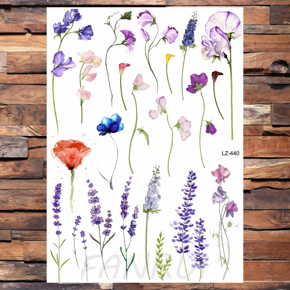 Sexy Watercolor Flower Lavender Temporary Tattoos Women Girls Sticker Fake Tatoos Body Art Realistic Tattoo Sheets Flora