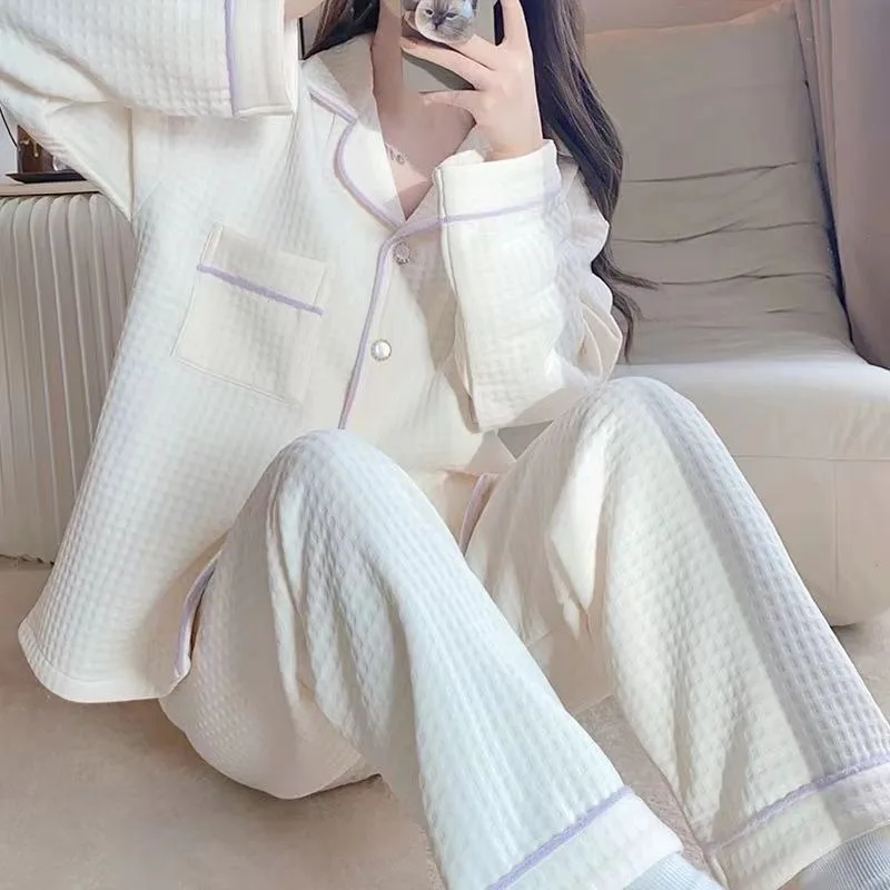 2024 New Autumn Winter Thickened Interlayer Sleepwear Large Size Loose Pajamas Women's Waffle Air Cotton Long Sleeved Homewear