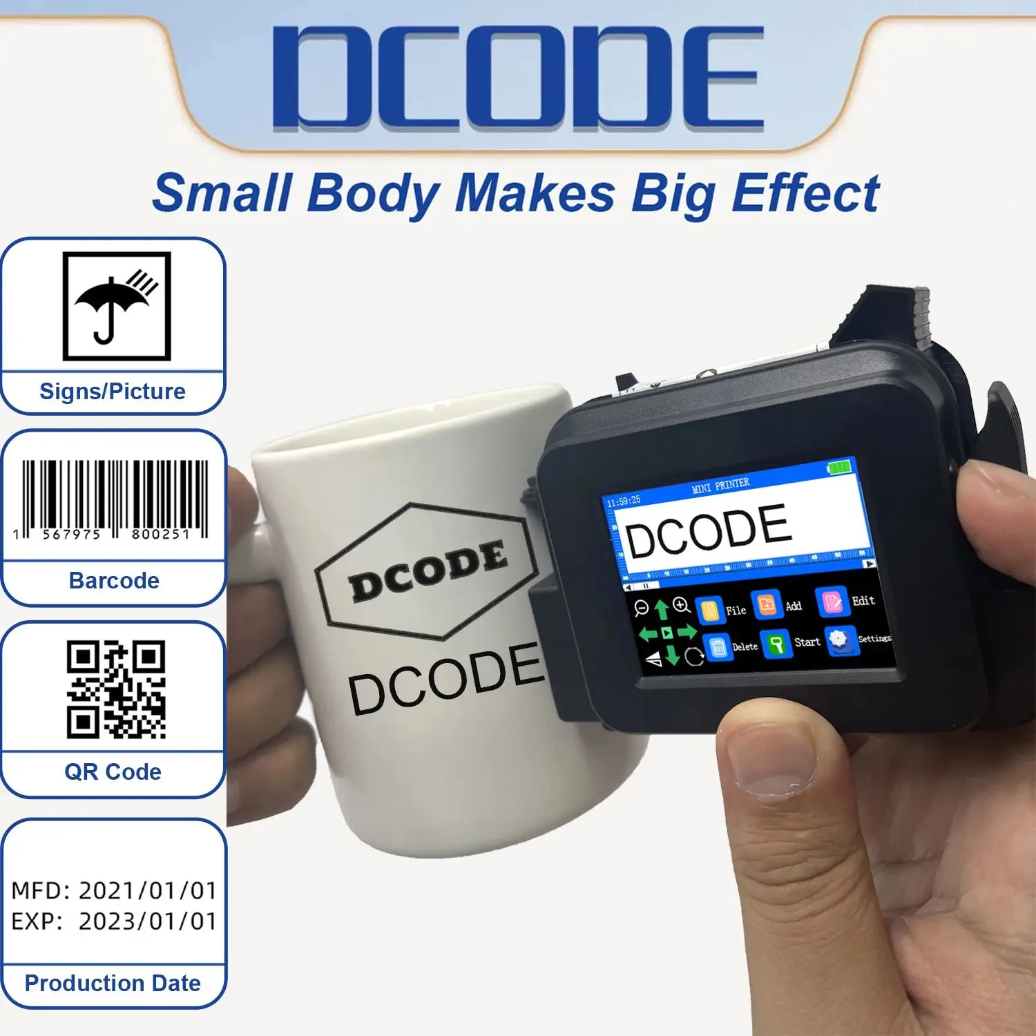 

DCODE 12.7MM XMINI Portable Coder Handheld Inkjet Printer for Text QR Barcode Batch Number Logo Date Label with Fast-Dry Ink