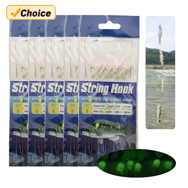 5 Sabiki Rigs avec Perles Fluorescentes et Hooks Haute Résistance, pour la Pêche en Mer et