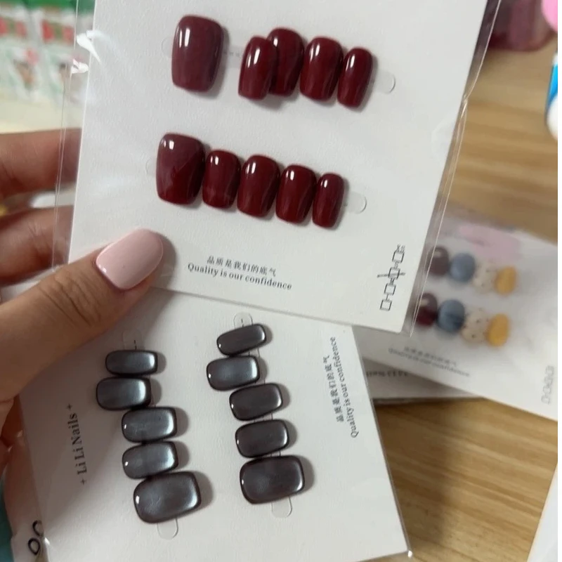 Luxurious Wine Red Cherry Handmade Wearable Nails - High Quality Monochromatic Elegance