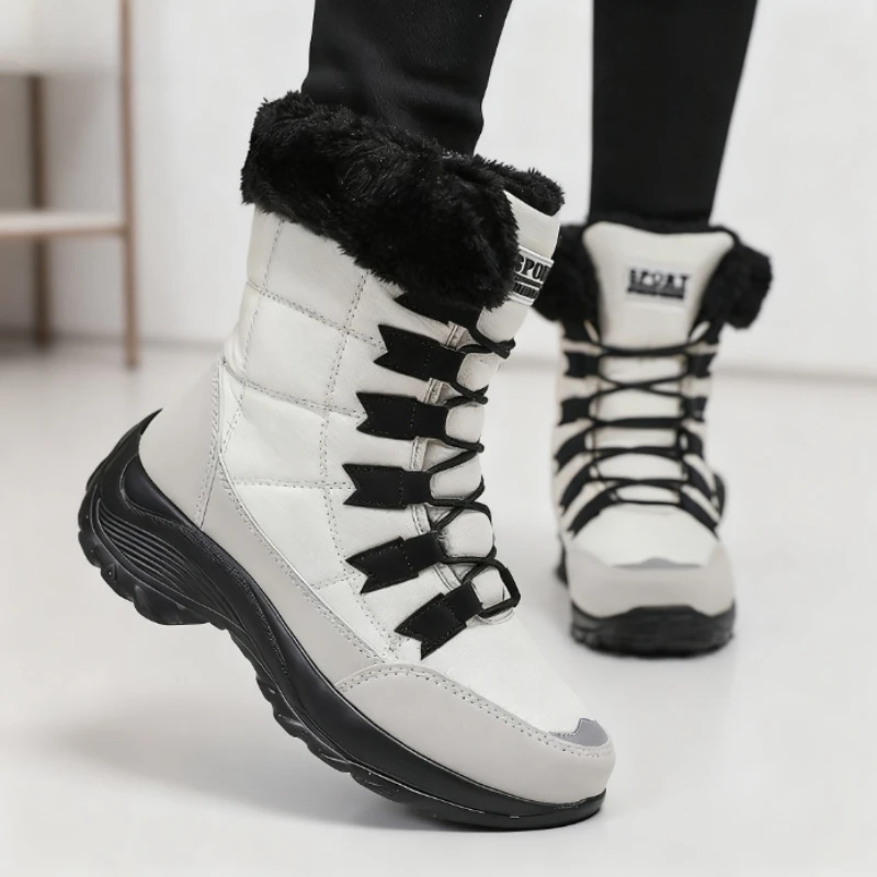 Snow Boots for Women Lace Up Anti Slip Women Shoes Solid Fur Lined Ankle Boots Winter Adventures Waterproof Platform Snow Boot