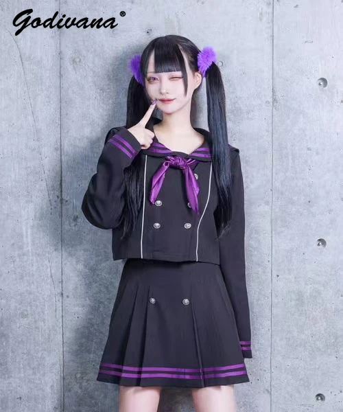 Japanese Mine Sailor Collar Uniform Skirt Set Y2K Subculture Girl Female Double-breasted Bow Tie Short Top and Skirt 2 Peice Set