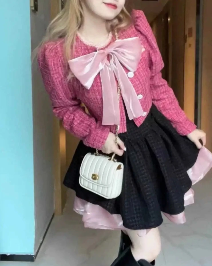 

NIGGEEY Sweet Raspberry Pink Fragrant Ribbon Bow Short Coat Exquisite Girl Top Short Sling Dress Two Piece Set Korean Fashion