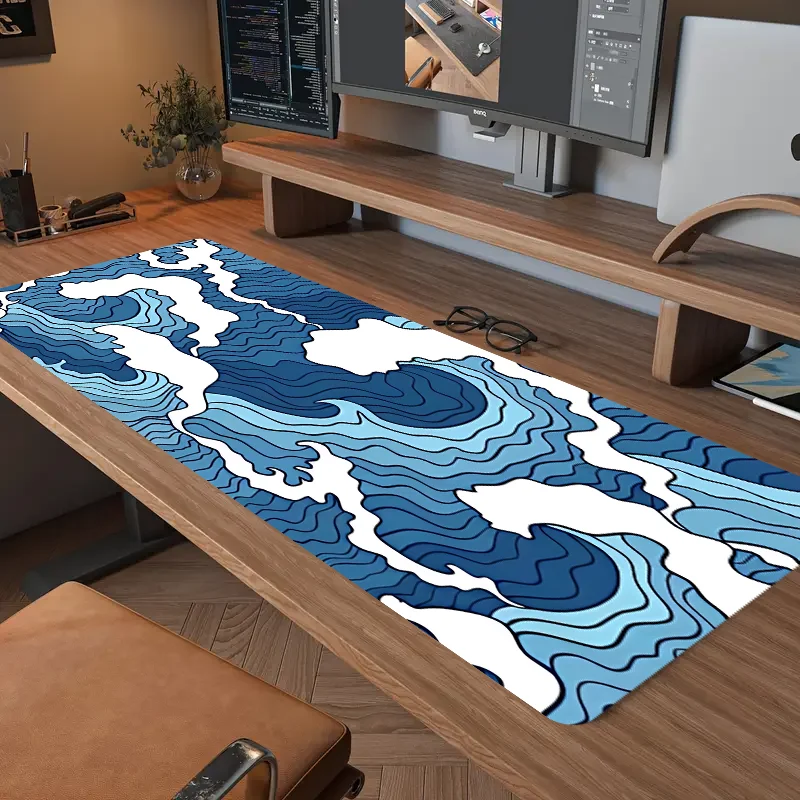 Blue and white ocean print e-sports gaming mouse pad, 2mm non-slip rubber sewn side long keyboard gaming pad, 31.49 x 11.81 inch 3